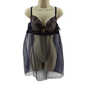 Adore Me Sheer Babydoll Purple Floral Embroidery Womens 38C